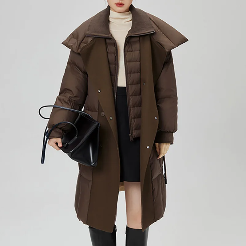 معطف نسائي شتوي جديد لعام 2025 طويل للأسفل معطف عالي الخصر برباط وطية صدر كبيرة بطول الركبة