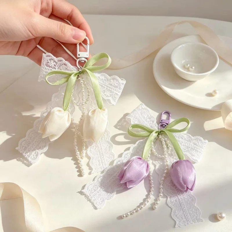 Fashion Ribbon Pearl Lace Bow Bag Accessories Tulip DIY Mobile Phone Pendant Jewelry Style Lace Keychain Hanging Decoration