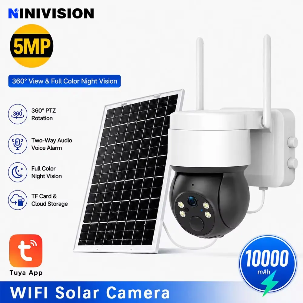 5MP Tuya Solar Security Camera Outdoor Surveillance 10000MAh Battery 5W Solar Panel 360° TF Card Cloud Storage Wireless Camera