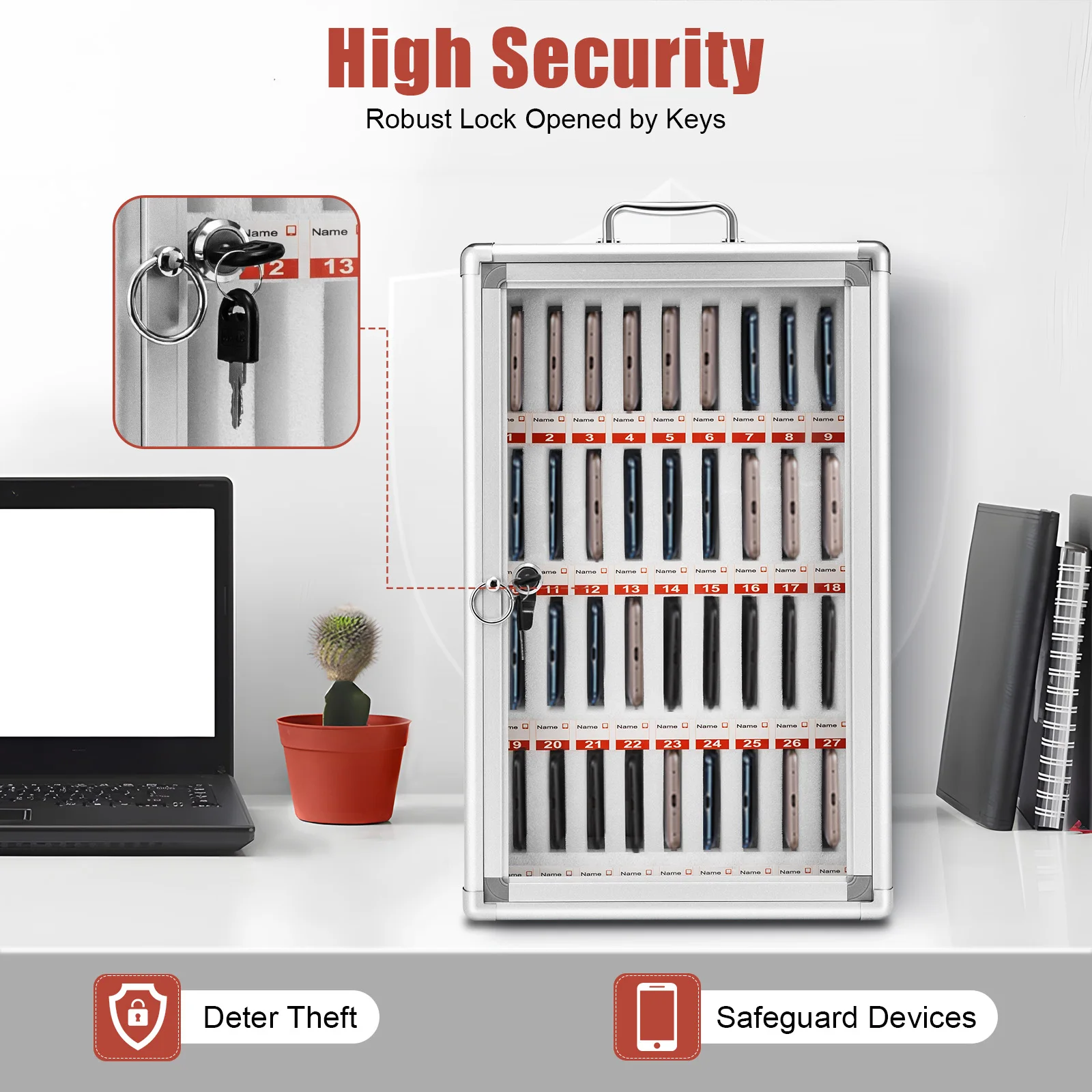 

36 Slot Lockable Mobile Phone Storage Cabinet with Pearl Cotton Lining for Classroom Office and Meeting Room Organization