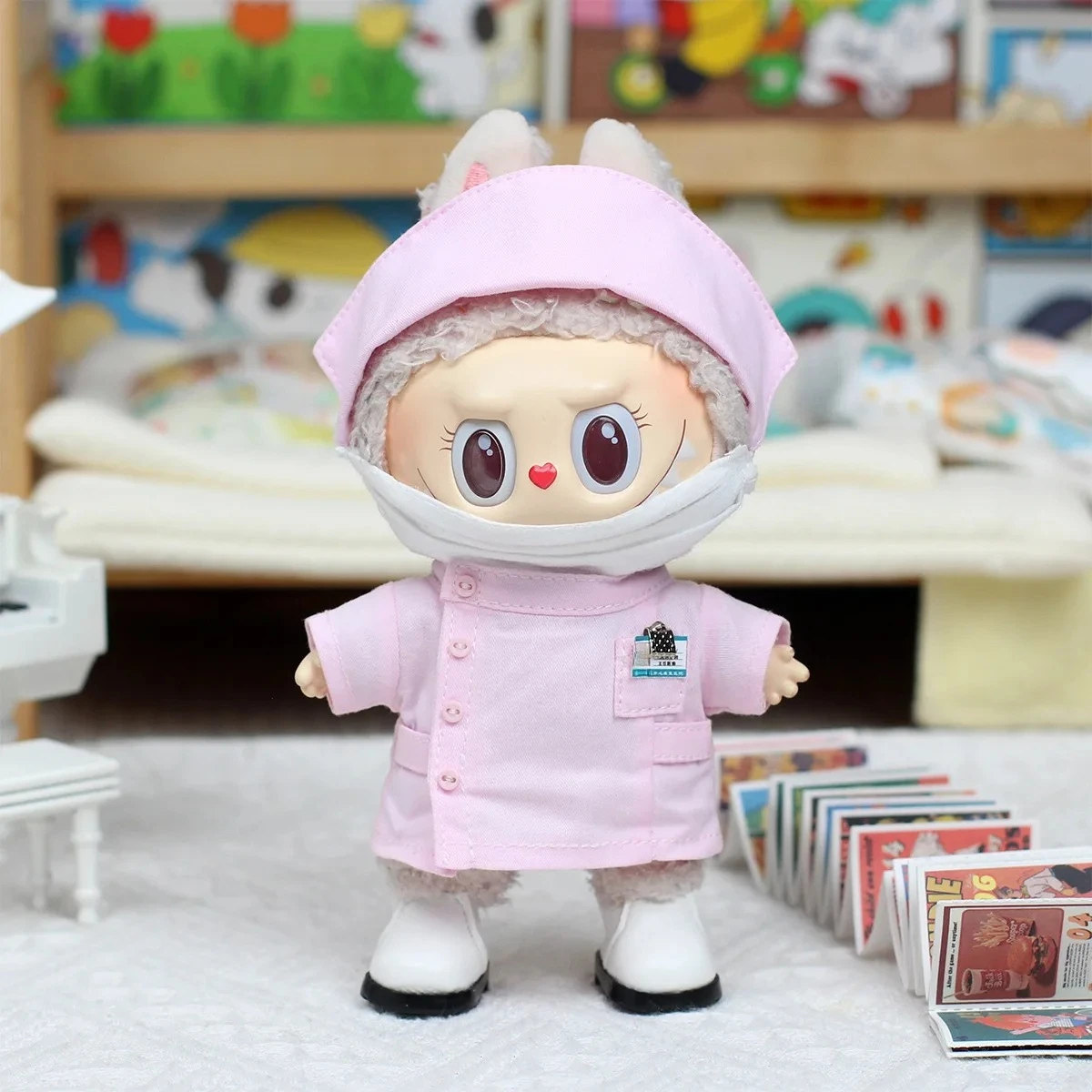For New Labubu Doctor Uniform Set Pink Nurse Uniform Hat Mask Outfit Mini Plush Doll Clothing Fashion Doll Accessories