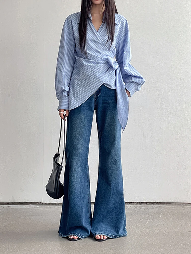 YERMORA Blue Striped Irregular Bandage Casual Blouse For Women Lapel Long Sleeve Loose New Shirt Fashion Tide Spring Autumn 2025