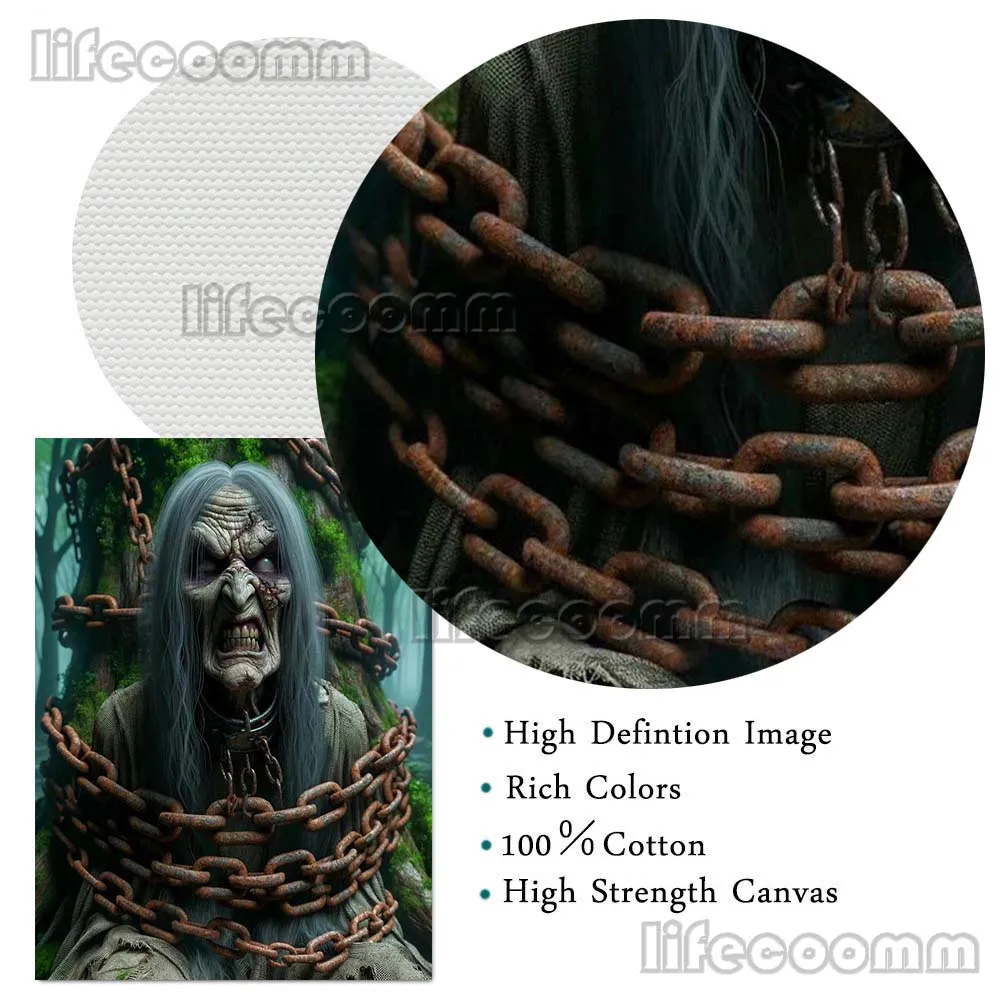 الساحرات والأشباح والشياطين والهياكل العظمية والزومبي مصيدة في سلاسل. خمر جدار الفن قماش طباعة الرعب السحر ملصق فني طباعة ديكور #6