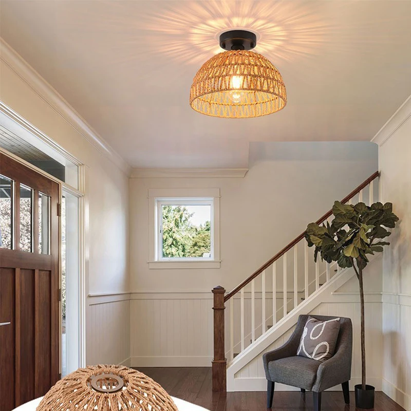 Natural Bamboo Ceiling Chandelier Hanging Lamp Handmade Rattan Fixture Weaving Home Living Room Decor Ceiling Pendant Light