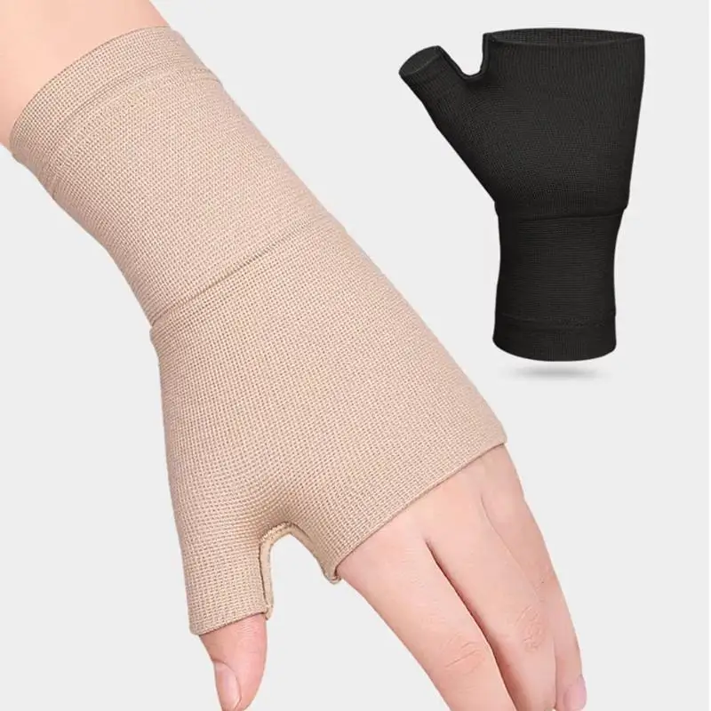 1 Paar Kompressions-Handgelenkstützhandschuhe, halb fingerlos, mit Gelenkschutz, atmungsaktiv, elastische Manschette für Outdoor-Sport, Fitness, Radfahren – Detail 9