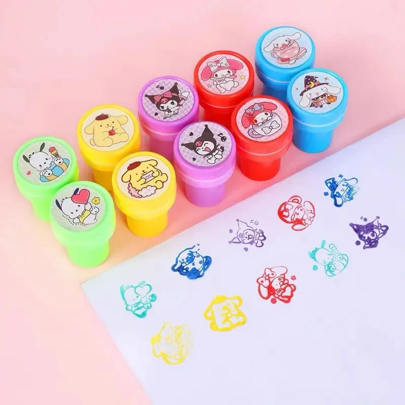 Anime 10 buah/set cap tinta sendiri Sanrio mainan anak-anak cap Album foto lukisan Diy segel wajah elastis Melody Hello Kitty Kuromi