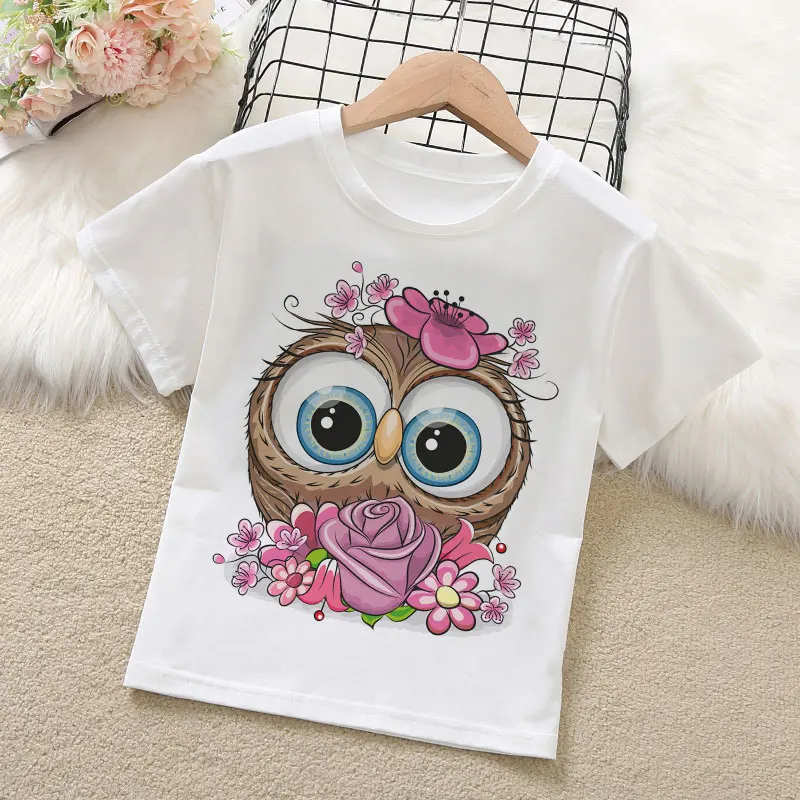 Summer Clothes For Girls Children Owl Cartoon Print T-Shirt 24M-9T Baby Kawaii Short Sleeve Top Kids Clothes Thin Section Wear