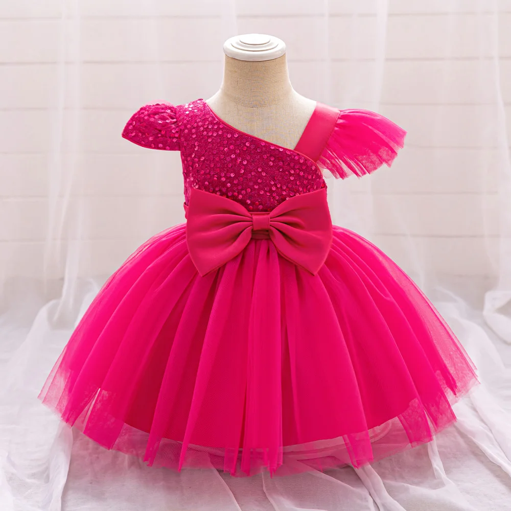 Baby Sequin Bow Dresses for Girl Christmas Fly Sleeves Wedding Party Princess Dress Kids Inafnt 1st Birthday Formal Gala Costume