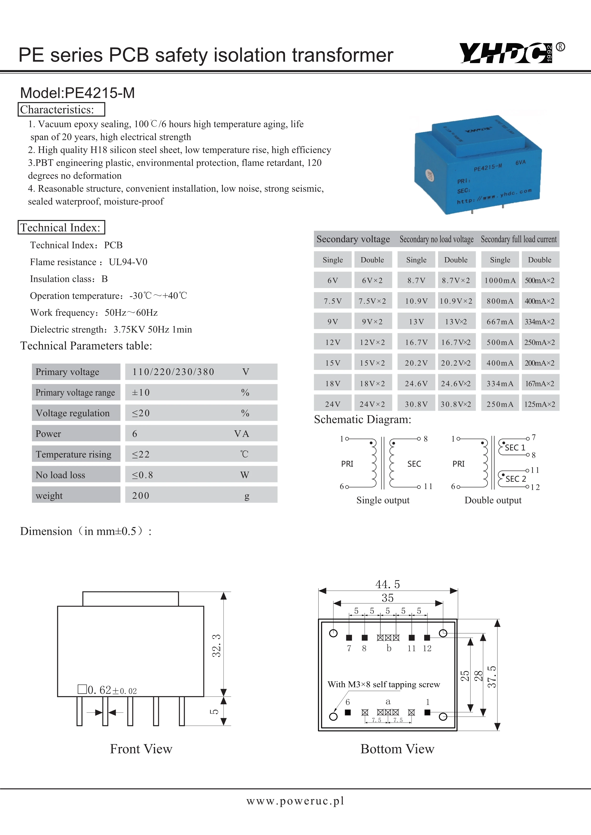 YHDC PE4215-M Power 6VA / 380V / 6Vx 2/7.5Vx 2/9Vx 2/12Vx 2/15Vx 2/18Vx 2/24Vx2 Encapsulated Transformer PCB เชื่อมการแยก