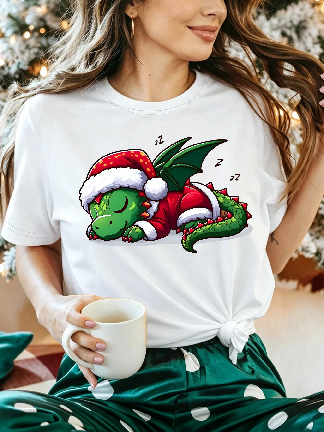 Women Crew Neck Tee Christmas Dragon Graphic Print Short Sleeve Loose Ladies Summer Soft Cotton Plus Size Casual Street Top