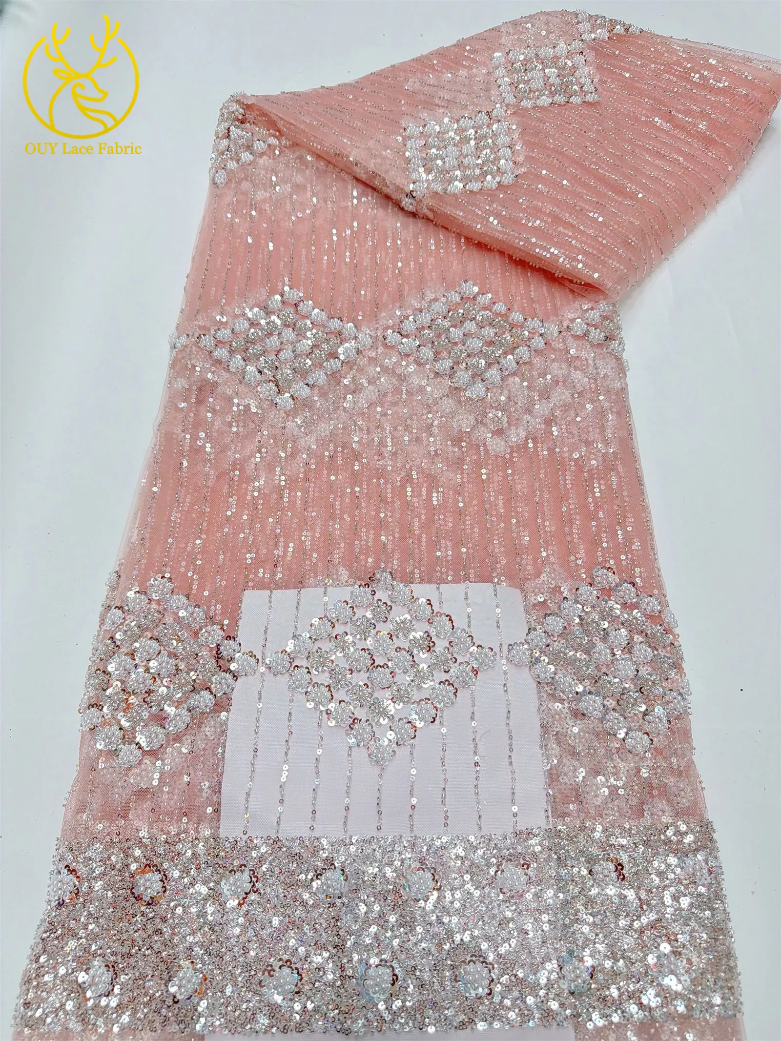 Eleganter, modischer afrikanischer Spitzenstoff mit Perlen und Pailletten, 2026, neues Design, französischer nigerianischer Tüll-Spitzenstoff für Abschlussball- und Partykleider, 5 Yards – Detail 10