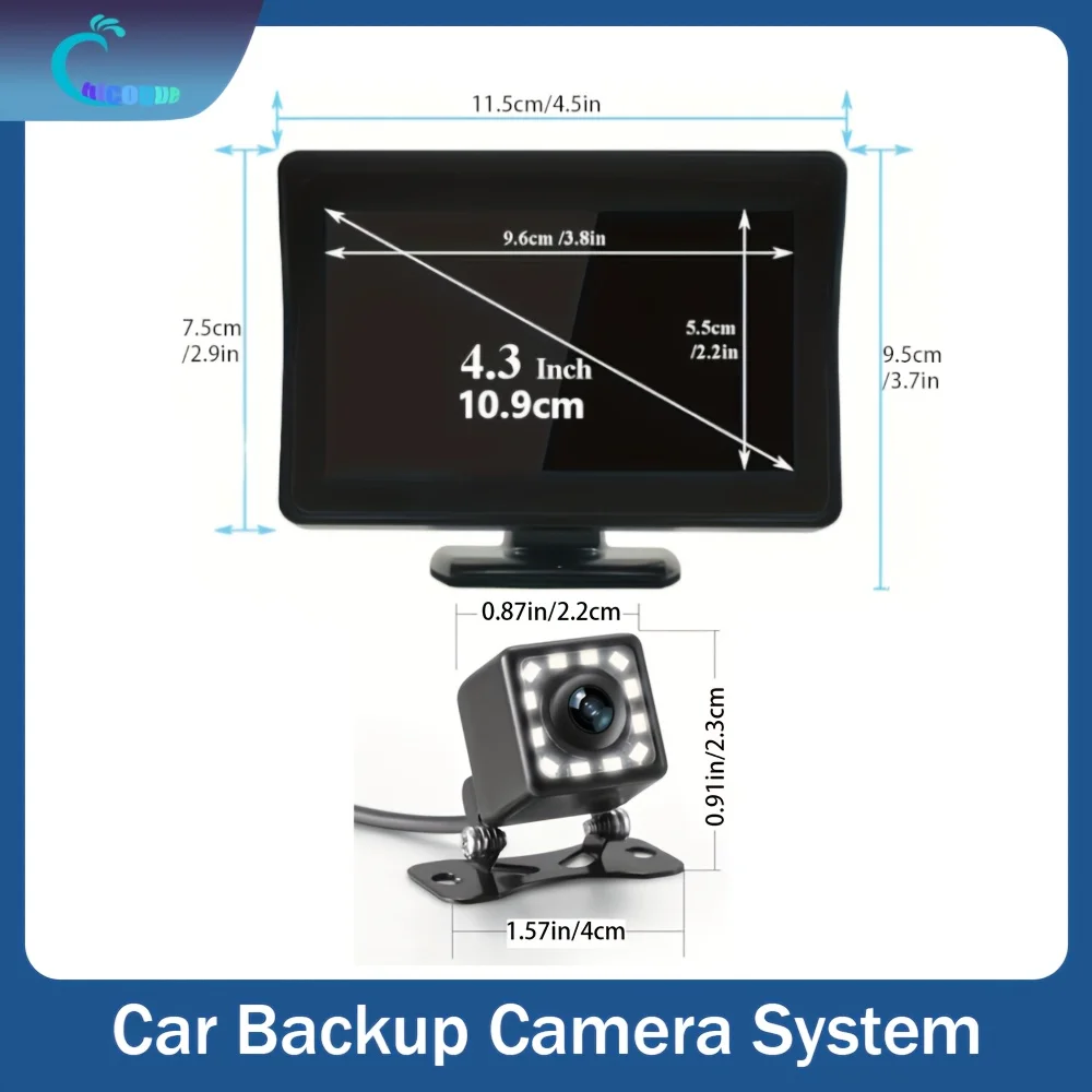 A 4.3-Inch Display Kit and Backup Camera with 12 LED Lights. This Kit Provides A Night Vision Parking System for Cars, SUVs, RVs