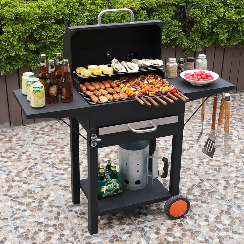 Barbecue au charbon de bois portable, grill de camping avec deux plateaux latéraux fixes et grille, parfait pour le camping en plein air, le jardin, les grillades
