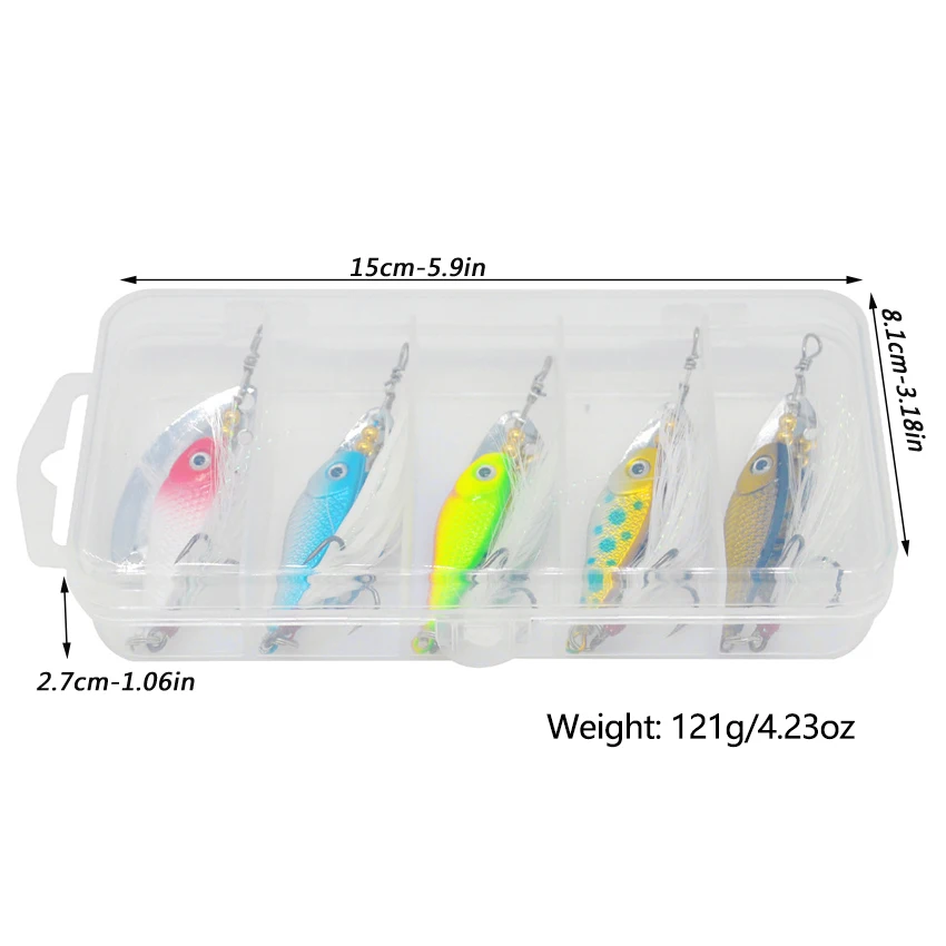 5pcs/box Spinner Spoon Vib Metal Fishing Lures 13.5g Ice Fishing Spoon Artificial Baits Wobbler Rotating Bait with Treble Hooks