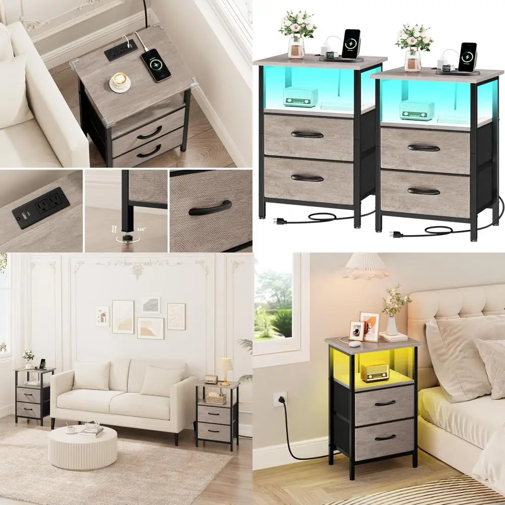 

Тумбочка прикроватная 24.2 Greige со светодиодной подсветкой, зарядной станцией, USB-портами, розетками и тканевыми ящиками