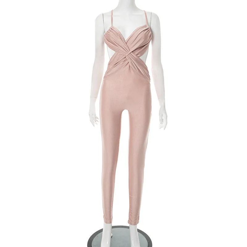 Bangniweigou الصدر عبر حزام خارج الكتف عارية الذراعين كابري بذلة المرأة لامعة نحيل قطعة واحدة حفلة شاملة