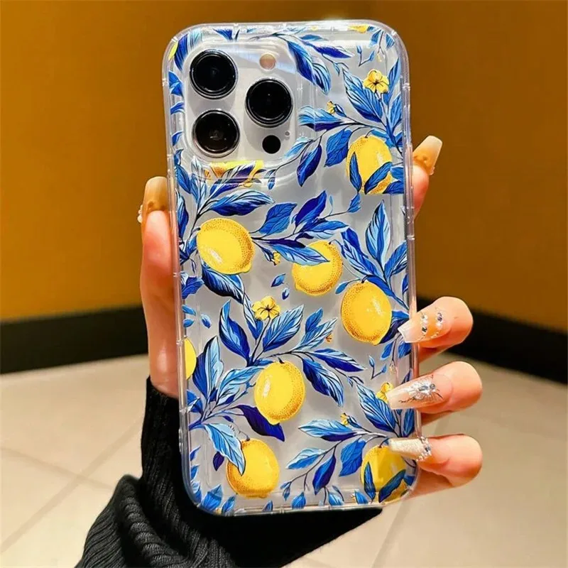 Summer Fresh Fruit Lemon Print TPU Case for iPhone 16 15 14 13 12 11 Pro Max XS XR 16E 7 8 Plus Air Cushion Shockproof Cover