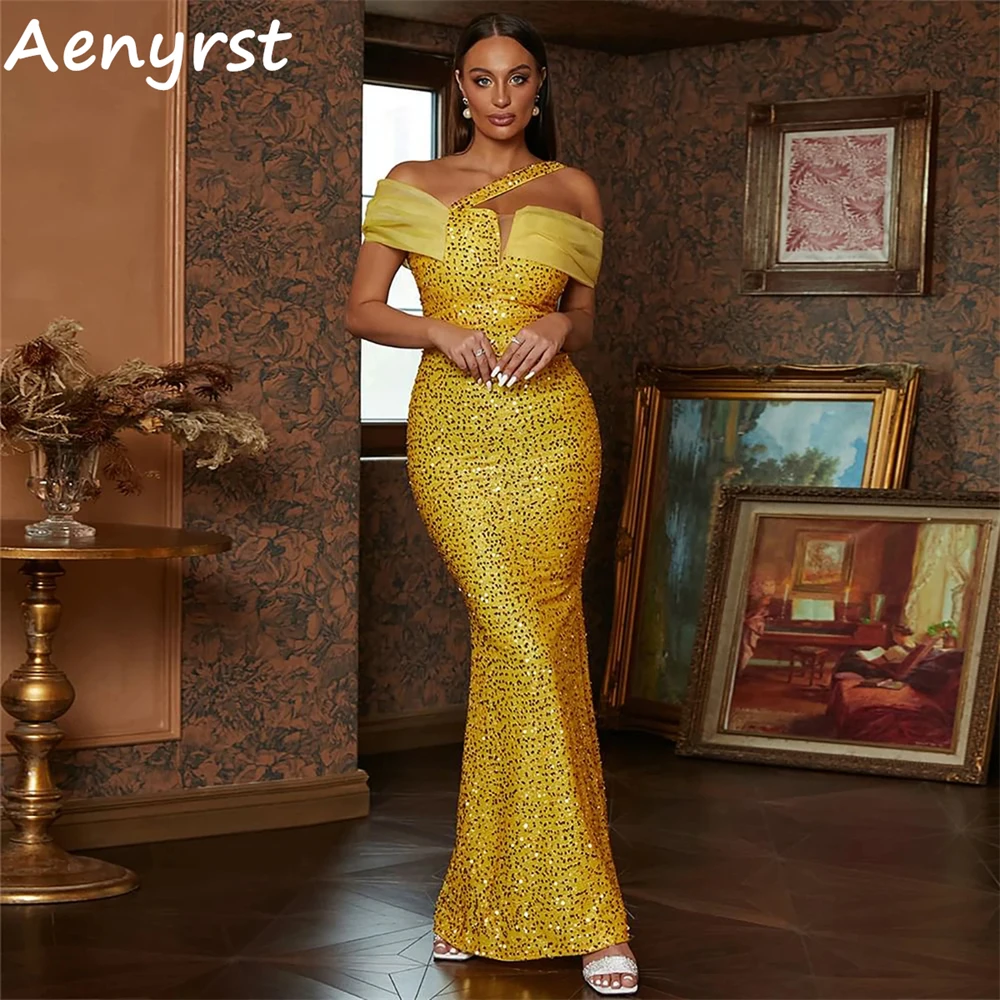 

Aenyrst Shiny Sequined Mermaid Evening Dresses Off Shoulder Bodycon Prom Gowns Sexy Ankle Length Formal Occasion Dress For Women