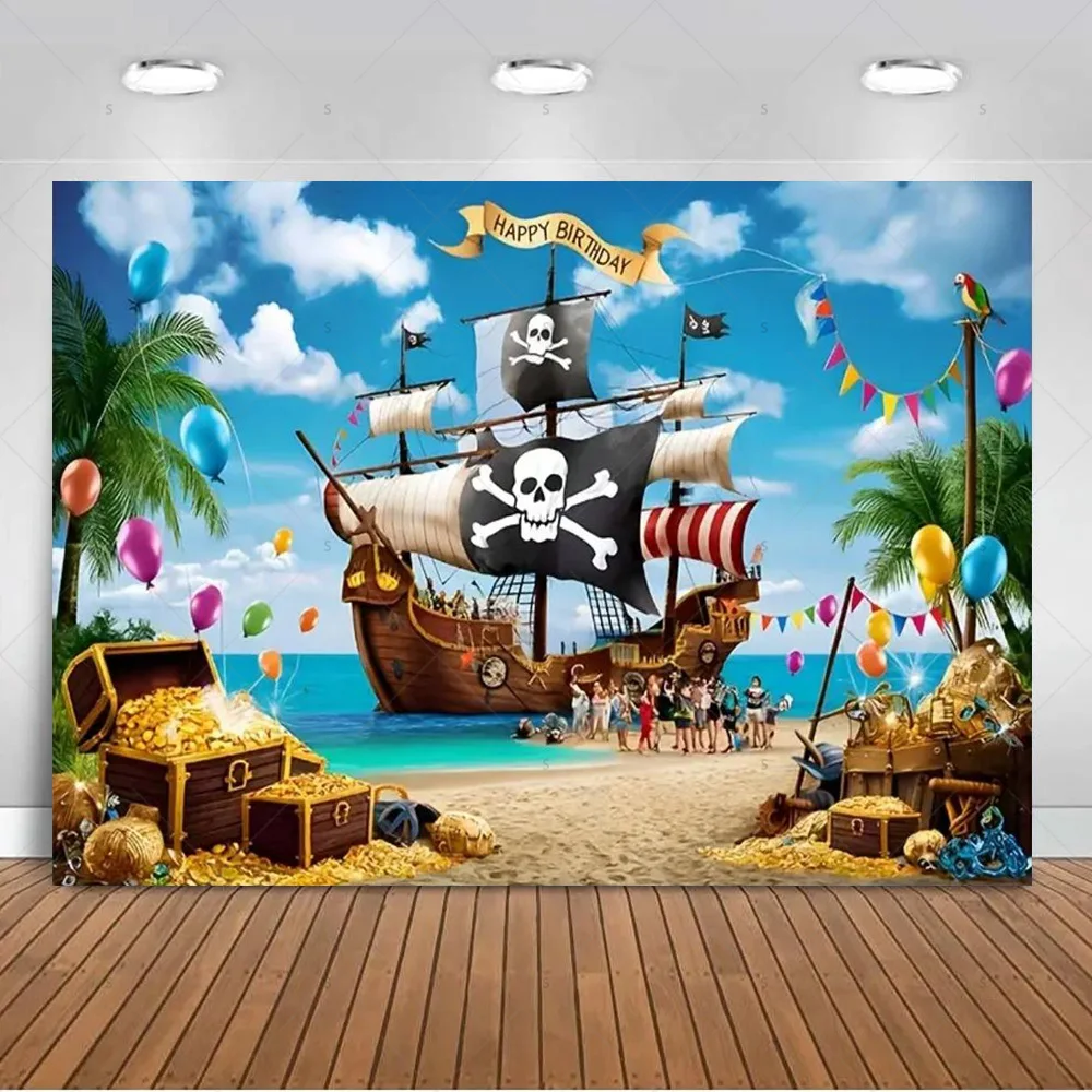 Piratenschiff-Thema Geburtstagsparty-Dekoration Hintergrund Goldmünzen-Ballon Ozean-Kulisse Kinderfotografie-Zubehör Banner Requisiten – Detail 4