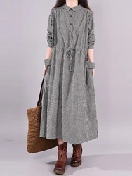 Dresses for Women Loose Stitching Cotton and Linen Plaid Long-sleeved Dress Women's Lace-up Waist Midi Skirt  Elegantly