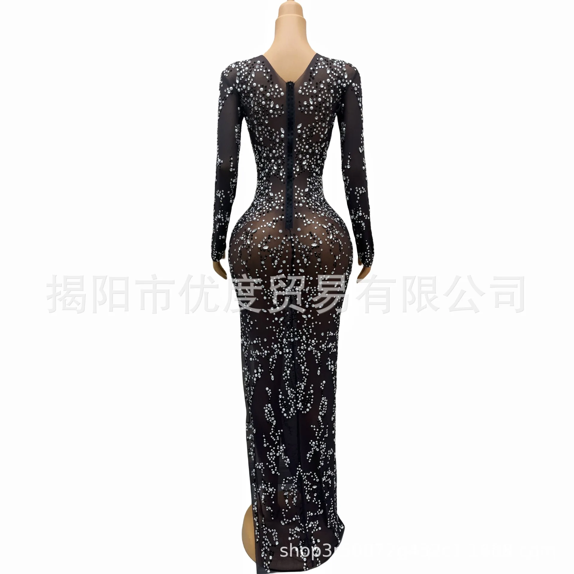 قسط الأسود منظور الجبهة سبليت شبكة الغزل لامعة حجر الراين أنيقة مأدبة ليلة الأداء اللباس Polygonum Multiflorum