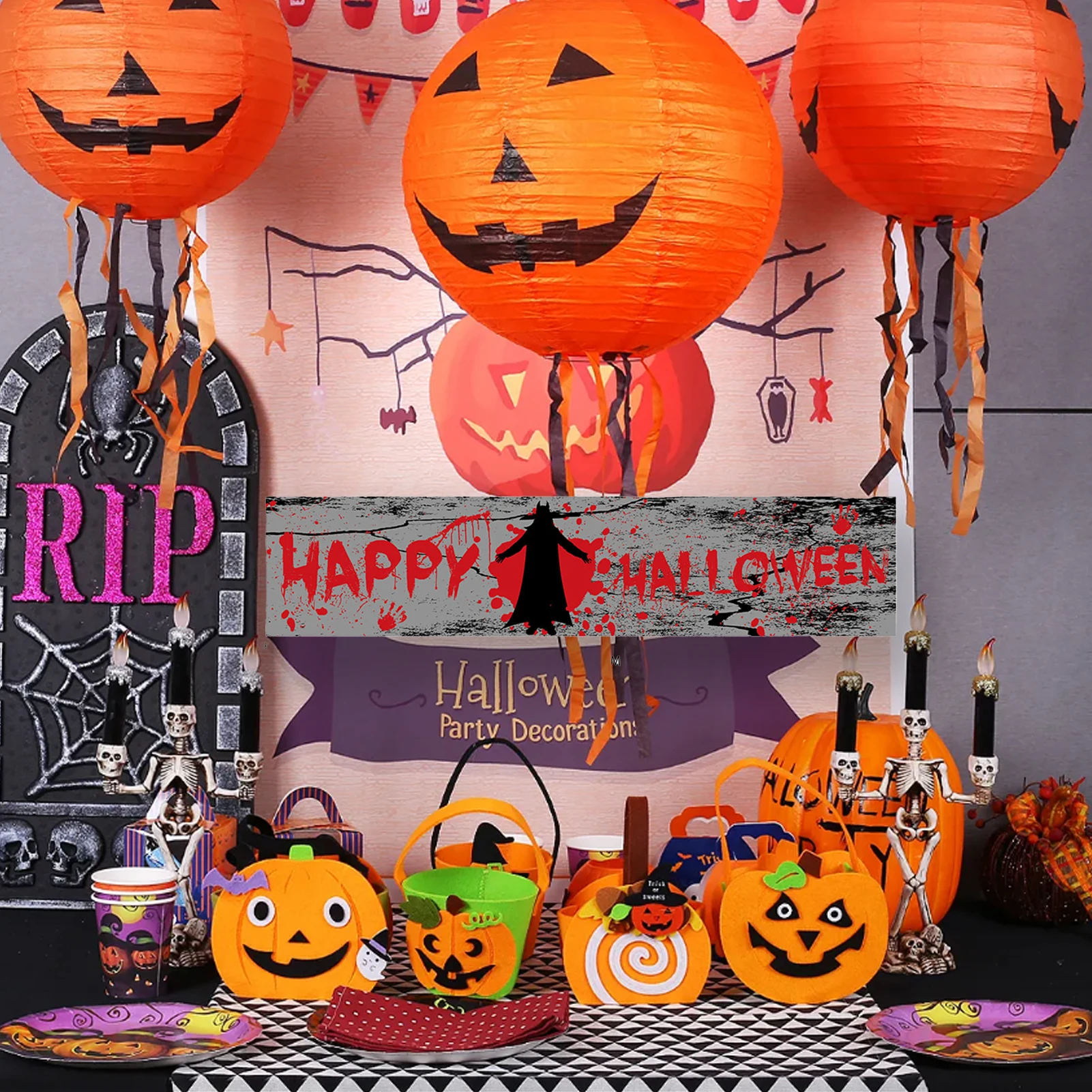 Spanduk Halloween rasa seram tambahkan spanduk atmosfer Halloween yang bagus untuk dekorasi pintu depan ruang tamu