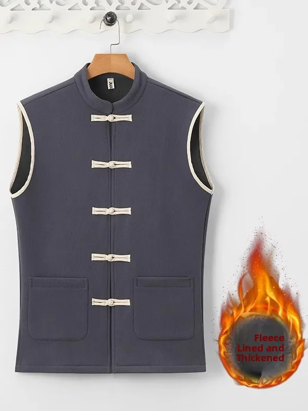 

Утепленный мужской жилет на флисовой подкладке, осенне-зимний, теплый, без рукавов, верхняя одежда с косым воротником, в китайском стиле, на одной пуговице