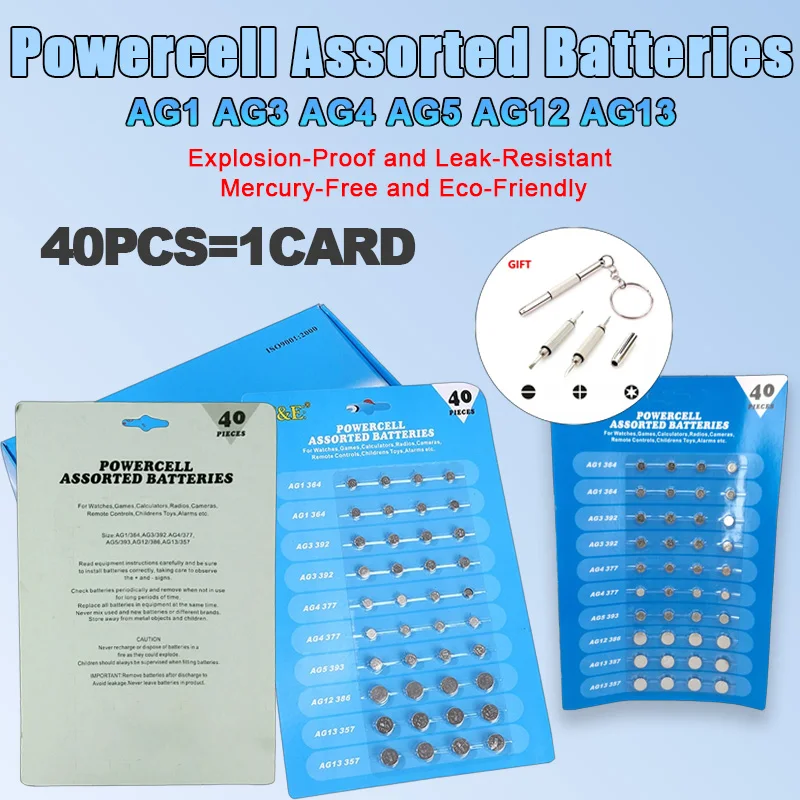 

1.55V LR44 AG13 SR44 Button Batteries Assorted Pack for Watches Toys Remotes Calculators Scale LED Lighting AG1 AG3 AG4 AG5 AG12