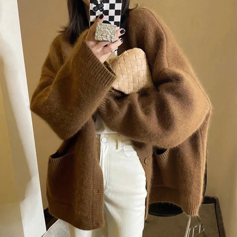 Chic Retro High-End Feeling V-Ne Bottone singolo Allentato Grande ket Caldo maglione cardigan aperto lavorato a maglia Jaet per donna