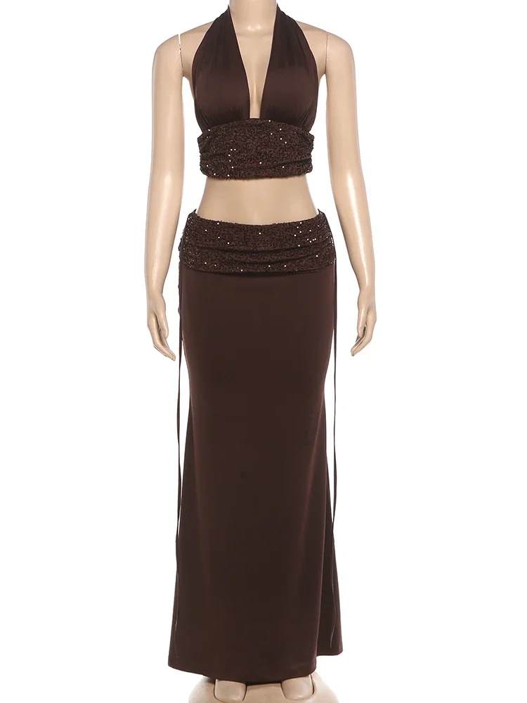 FDEY Sexy 2 Piece Set Women Sequin Patchwork Halter Bandages Backless Tank Top+Ribbon Skirts Elegant Chic Party Club Suit
