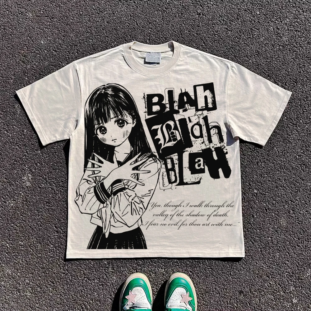 Classic Anime Vintage Short Sleeve round Neck T-Shirt 260g Heavyweight Unisex Couple's Clothing Wang Studio Work