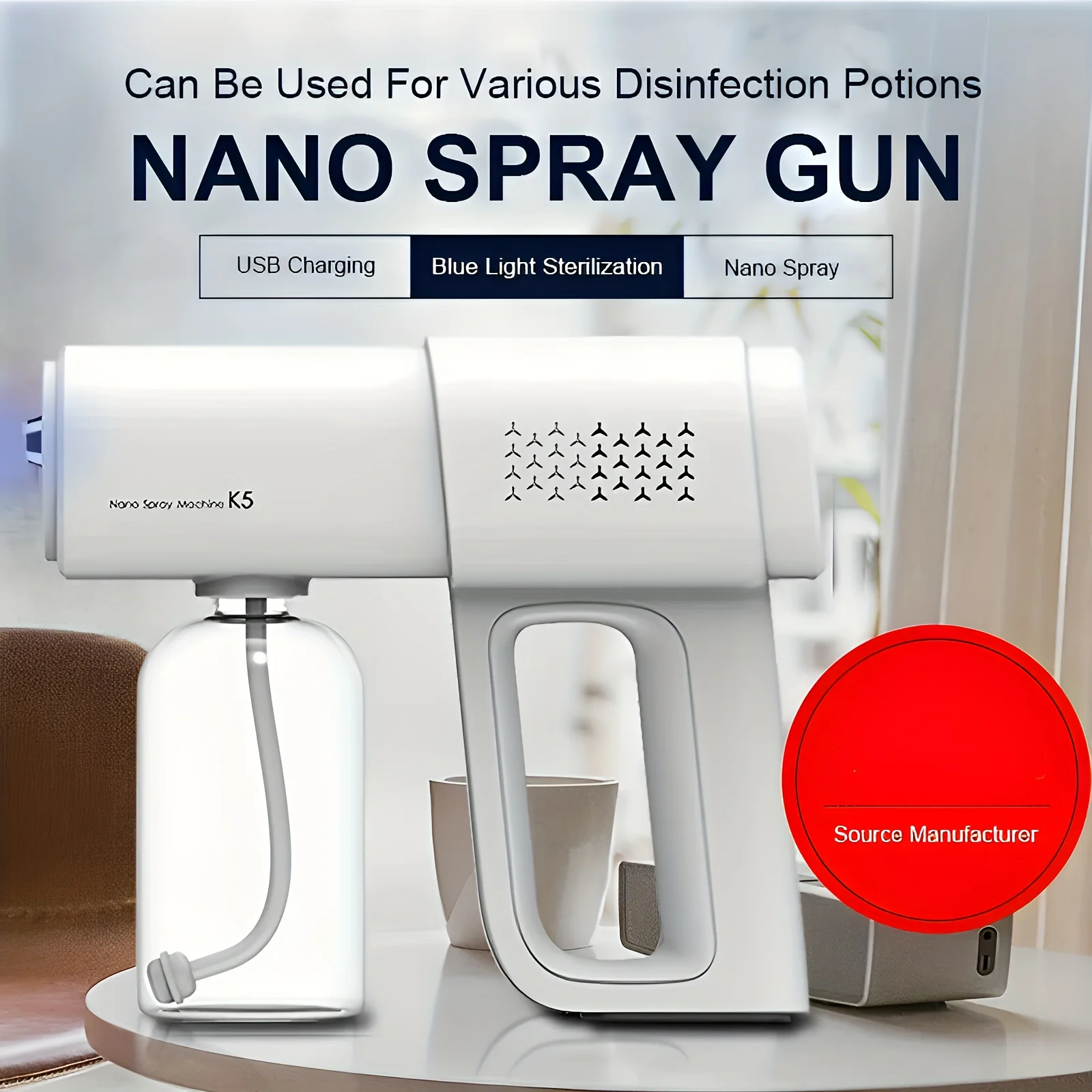 380ML  Nano Sanitizer Gun - K5 Wireless Fogging Disinfection Sprayer with Blue Light Steam Atomization