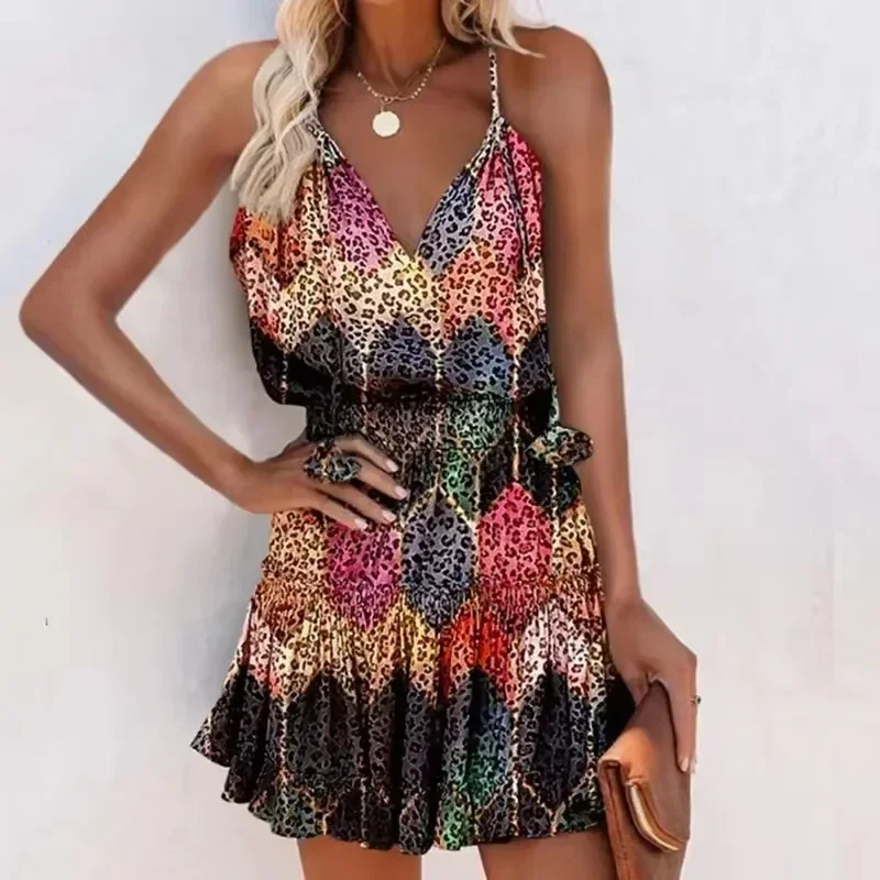 Summer Elegant Women Dress Casual Beach Boho V-neck Printed Sleeveless Ruffled Suspender 2023 Plus Size Ladies Dresses Vestidos