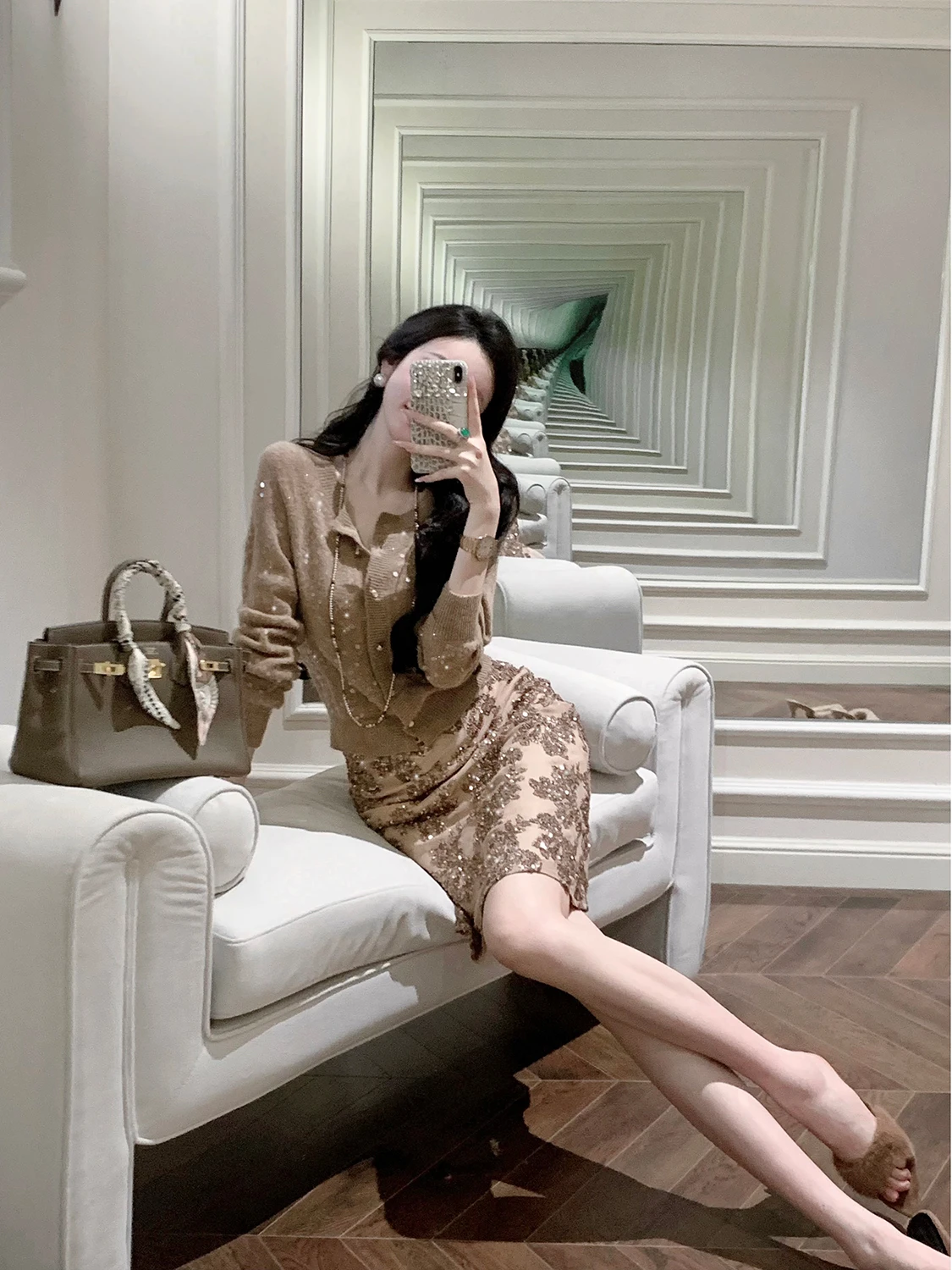 Syqiao Elegant Star Series Women's Knitted Wool Blend Furry Sweater Coat Sparkling Sequin Open Cardigan Soft Long Sleeve Top