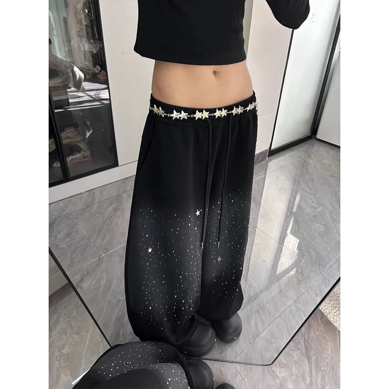 Glittering Rhinestone Starry Sky Gradient Loose Women's Jazz Dance Jeans Knife-Shape Waist Design Spring Summer  Denim Trousers