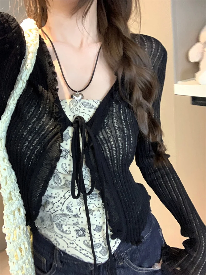 สีเหลืองเสื้อคาร์ดิแกนถักแขนยาวผู้หญิงฤดูใบไม้ร่วงใหม่เสื้อกันหนาวบางป้องกันแสงแดดแจ๊กเก็ต SLIM FIT TOP OUTERWEAR