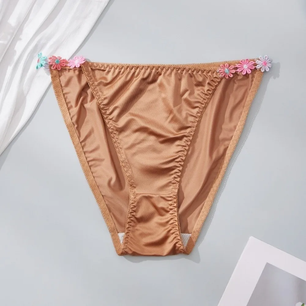 Einfache, niedrig geschnittene Satin-Seiden-Slips, Unterhosen mit Baumwoll-Zwickel, Blumenmuster, atmungsaktive Damenunterwäsche – Detail 9