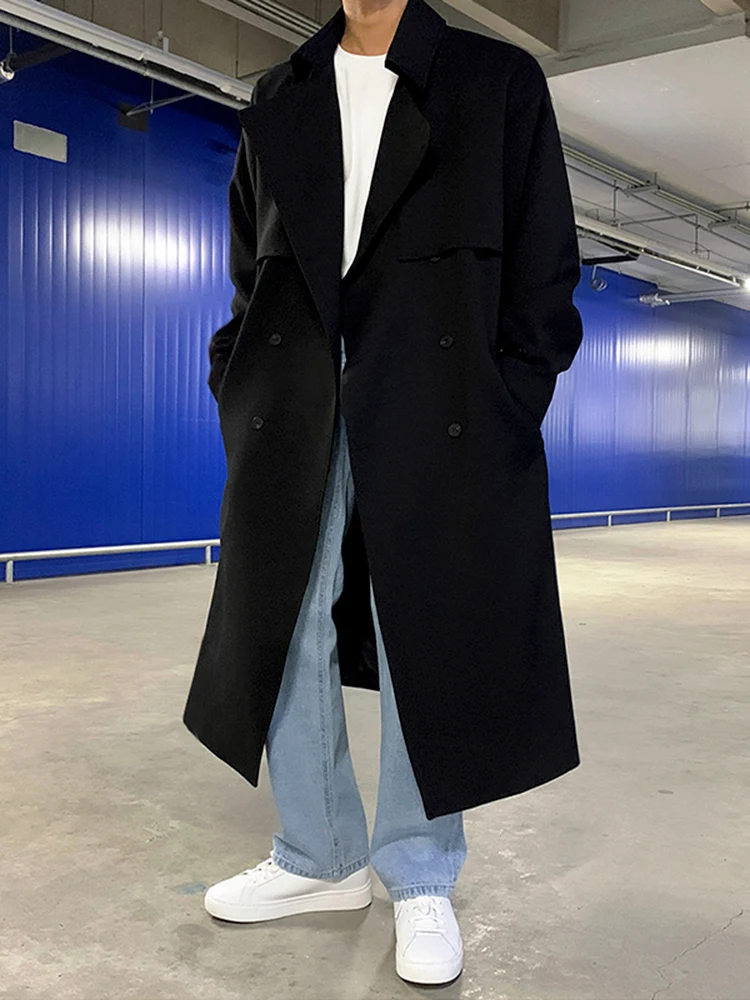 

Loose Men's Over-Knee Double-Buttoned Korean Sle Windbreaker MRCYC Cotton Blend Fabric Pure Color Suit Collar Youth Faion