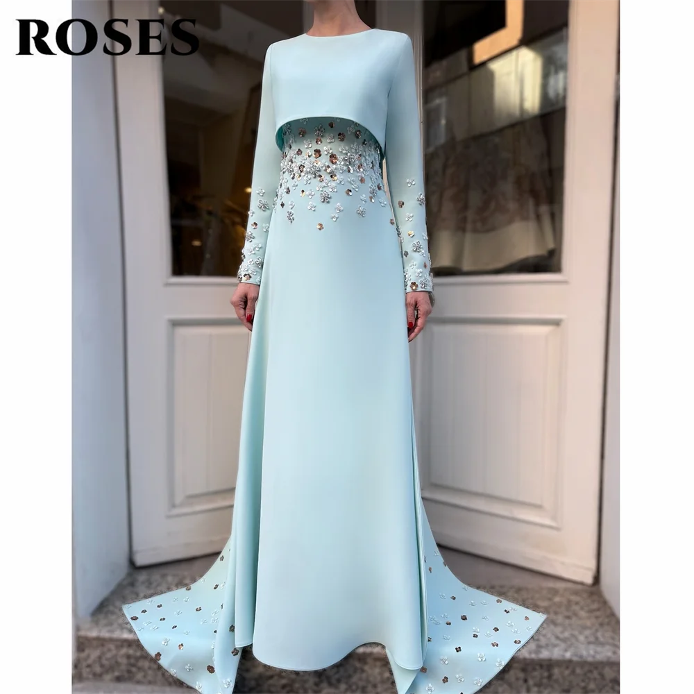 ROSE Abiti da sera azzurri Abito da ballo con scollo a O in raso con vita decorata e maniche lunghe impreziosite personalizzate