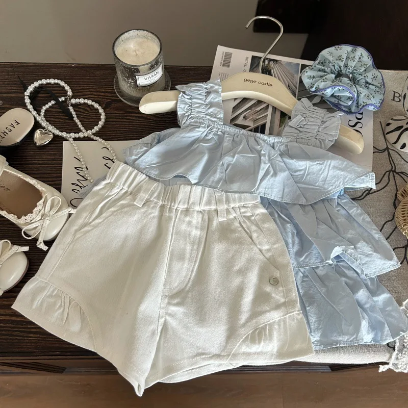 girls-suit-2025-summer-new-childrens-clothing-korean-style-girl-baby-suspenders-blue-doll-unlined-shirt-white-shorts-two-sets