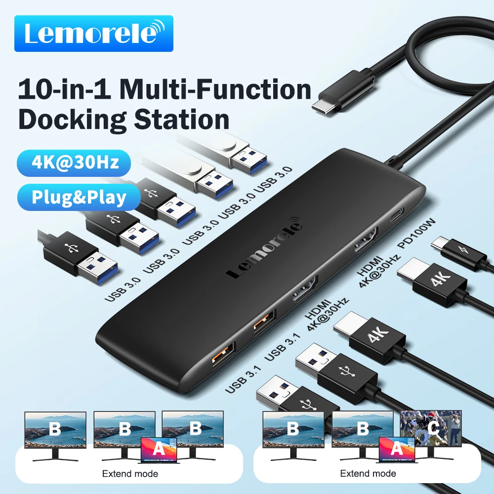 

Lemorele 10 in 1 USB C HUB Type C Double 4K HDMI Docking Station with PD 100W Fast Charge For Macbook Laptop Projector USB C HUB