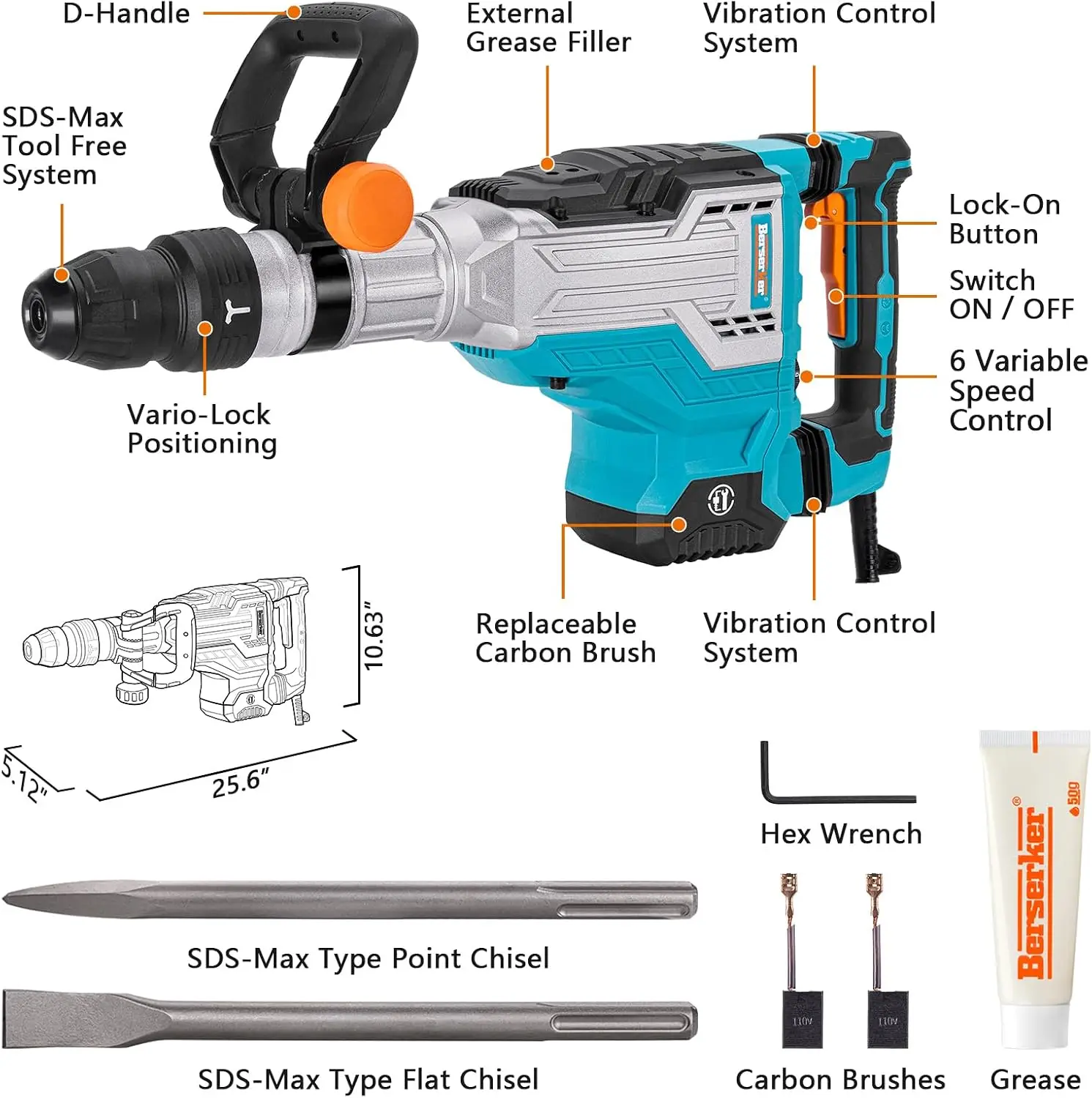 1700W 25-Pound SDS-Max Demolition Jack Hammer 65H,14-Amp Corded | Inline Medium/Heavy duty Electric Concrete/Pavement Breaker wi