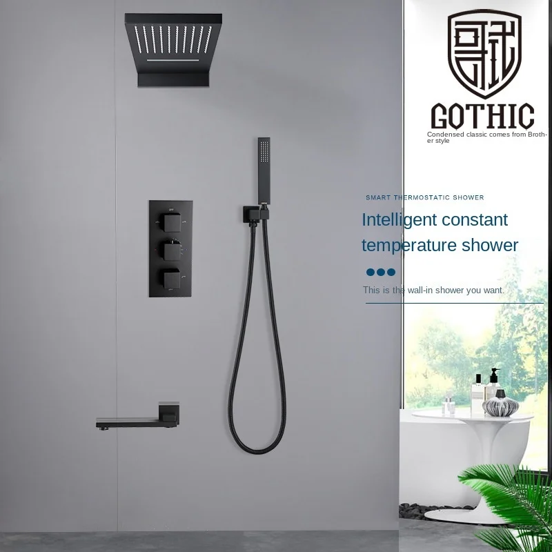 

Concealed Embedded Wall Mount Shower Faucet Black Brass Intelligent Constant Temperature Hidden Mixer Tap Waterfall Shower Set