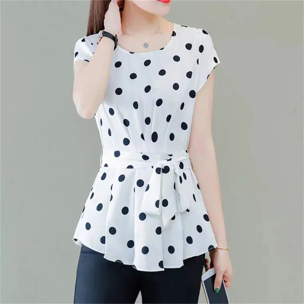 Women Spring Summer Style Blouses Shirt Lady Casual Short Sleeve O-Neck Solid Polka Dot Women\'s Casual Tops