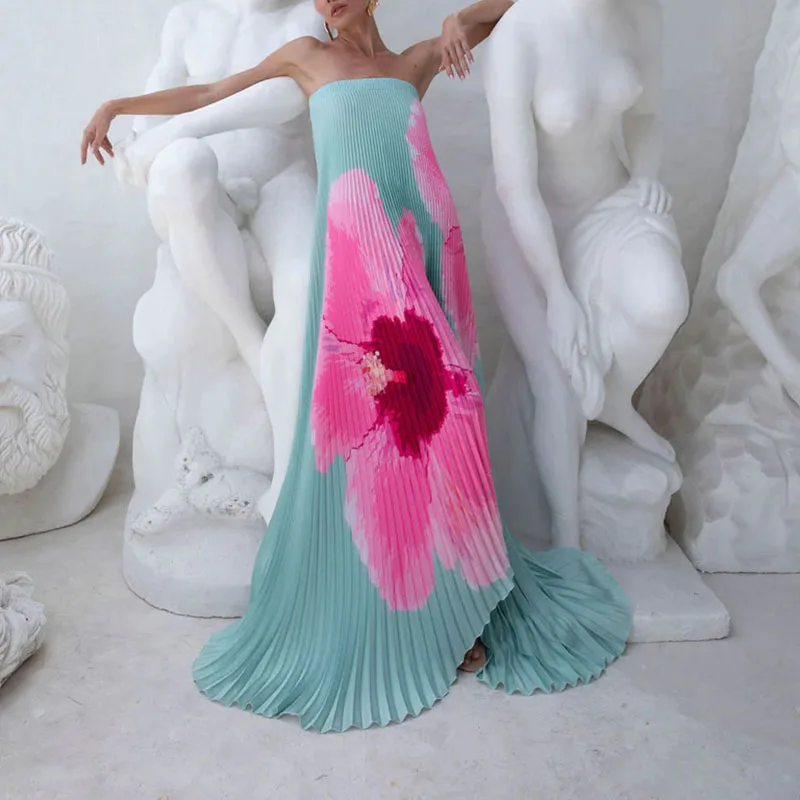 Summer Sexy Strapless Slim Banquet Evening Dresses Woman Elegant Flower Print Party Dress Spring Backless Hollow Boho Long Dress