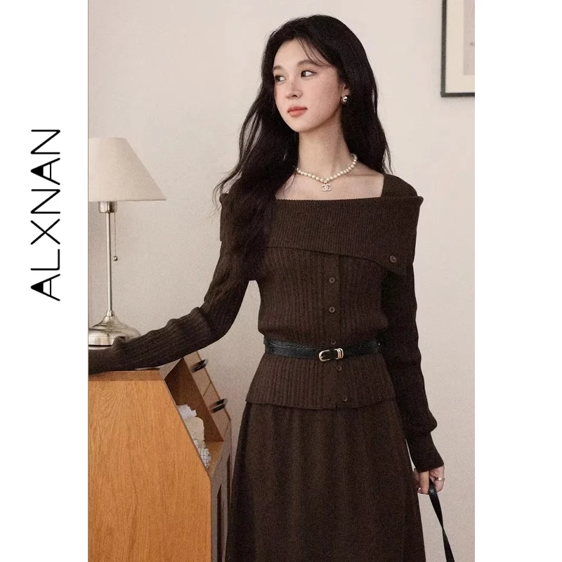 ALXNAN Dark Brown Sweater Women Off-shoulder Elegant Fashion Knitwear 2026 Fall Vintage Long Sleeve Pullover Ladies L58029