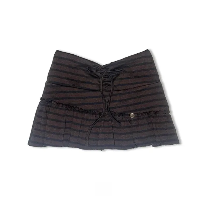 Minigonna sexy con lacci a pieghe a vita alta retrò coreana da donna 2026 Primavera nuova gonna a trapezio a righe di colore a contrasto streetwear