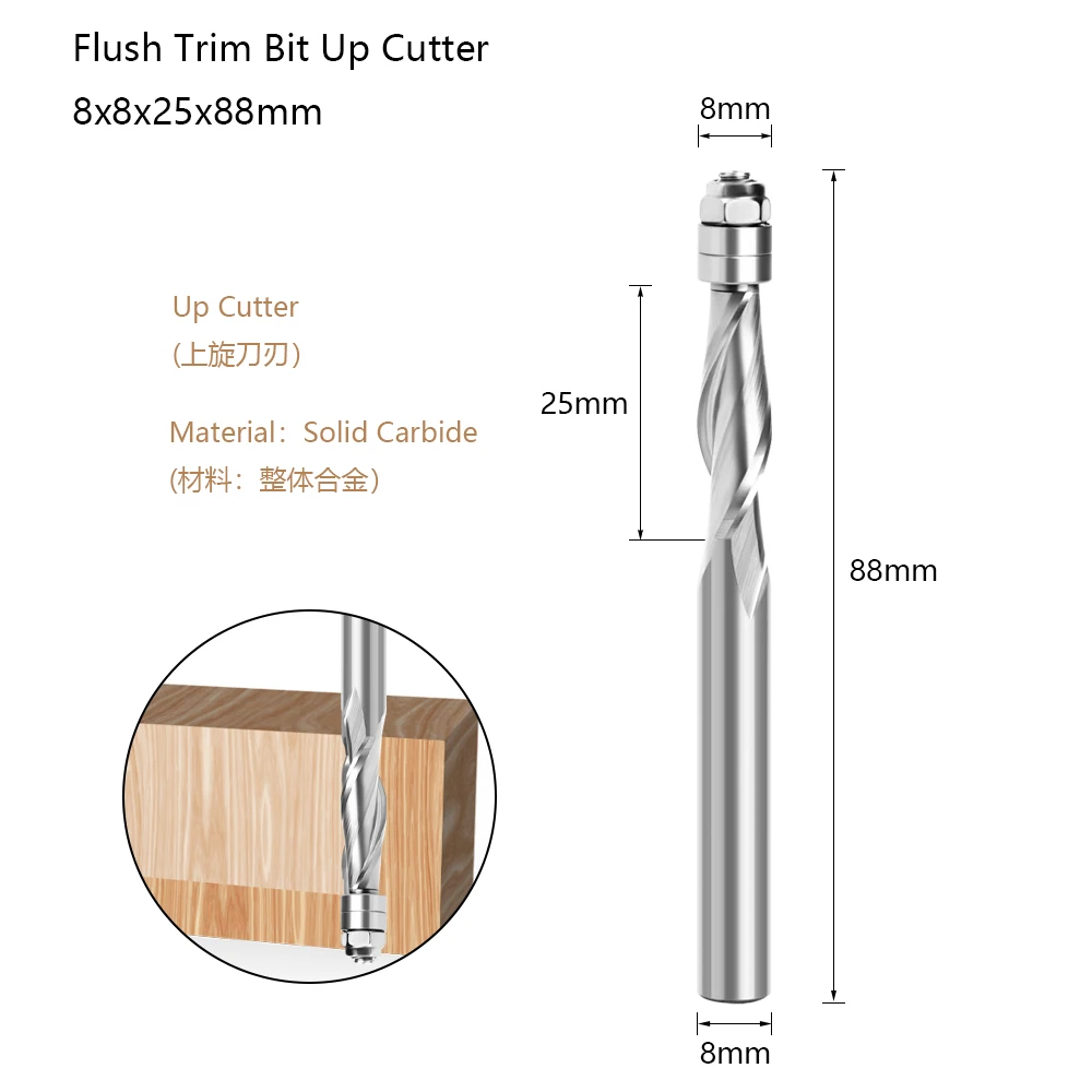 Imagem -02 - Cnc Router Bit com Flush Trim Carboneto Sólido Rolamento Superior Espiral Up-cut End Mill Bit Face Wood Milling Cutter mm 1pc Z08