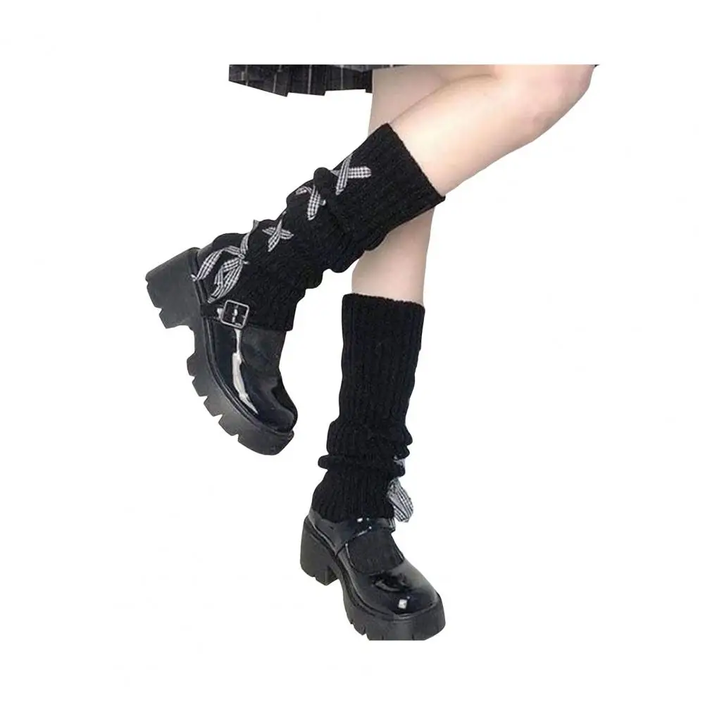 

Women Plaid Ribbon Leg Warmers Winter Calf Covers Knitted Lolita Style with Ribbons Bow for Jk Cosplay Wear