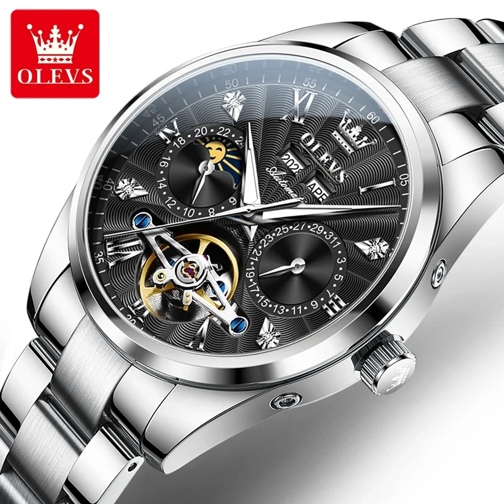 

OLEVS 7028 NEW Hollow Automatic Watches for Men Moon Phase Calendar Man Watch Steel Strap Luxury Skeleton Mechanical Wristwatch